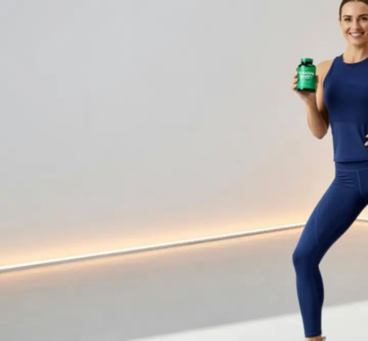 Aktywna kobieta przyjmująca witaminy w nowoczesnym, jasnym wnętrzu