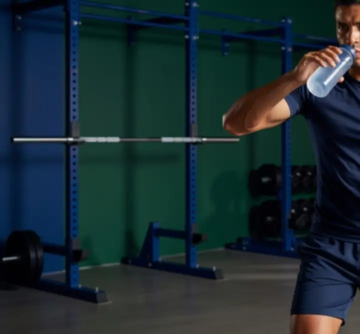 Sportowiec przygotowujący shake proteinowy w nowoczesnej kuchni